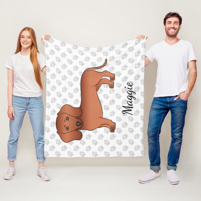Red Smooth Hair Dackel Niedlich Cartoon Dog & Name Fleecedecke (Beispiel)