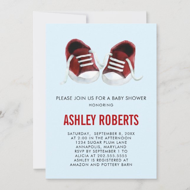 Red Sneakers Baby Shower Einladung Geschlecht neut (Vorderseite)