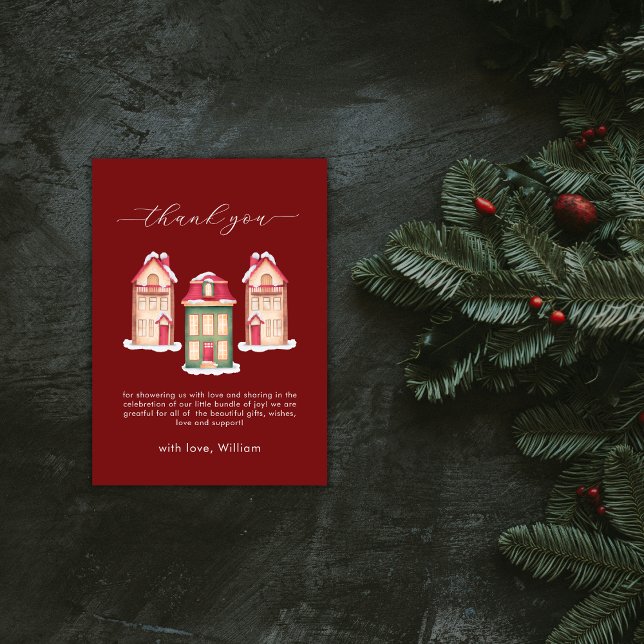 Red Snow Gingerbread Village Baby Shower  Dankeskarte (Red Snow Gingerbread Village Baby Shower Thank You Card)