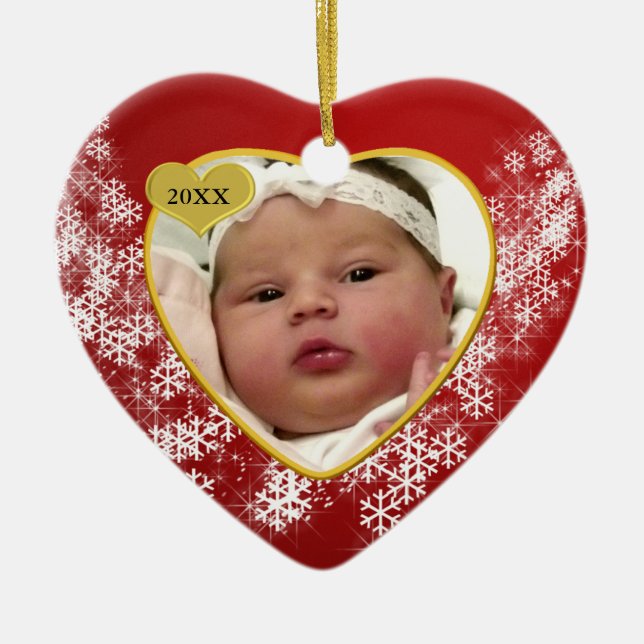 Red Snowflake Baby's 1. Weihnachts-Foto Keepake Keramik Ornament (Vorne)