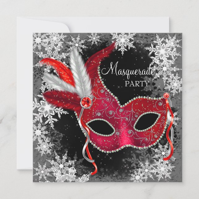 Red Snowflake Masquerade Party Einladung (Vorderseite)