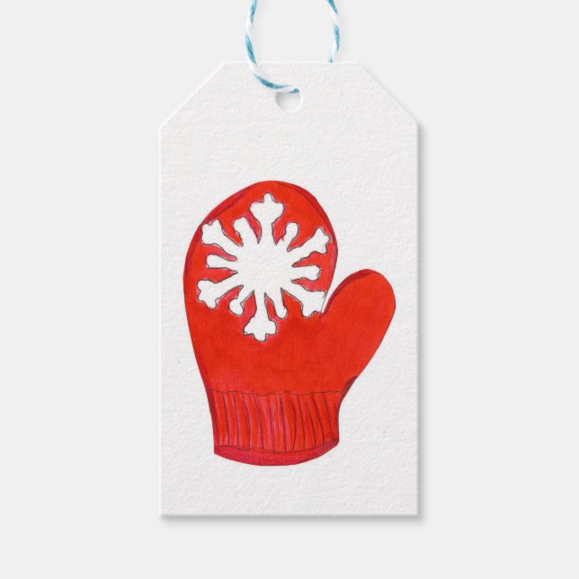Red Snowflake Mittens Gift Tags Geschenkanhänger (Vorderseite)