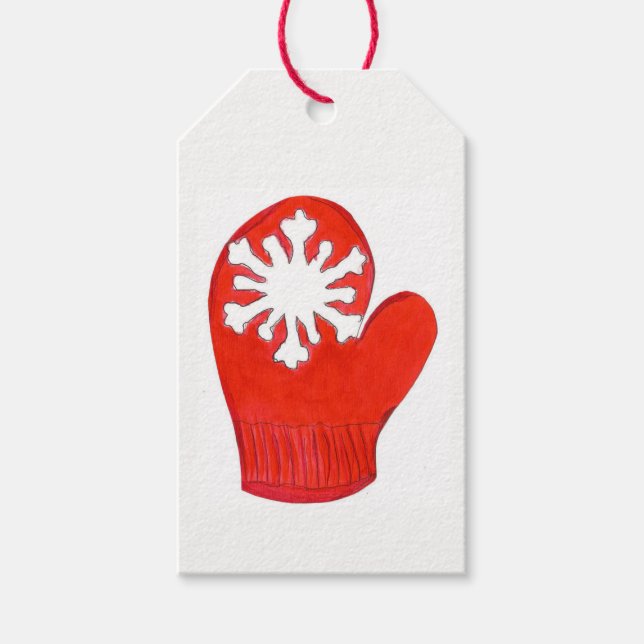 Red Snowflake Mittens Gift Tags Geschenkanhänger (Vorderseite)