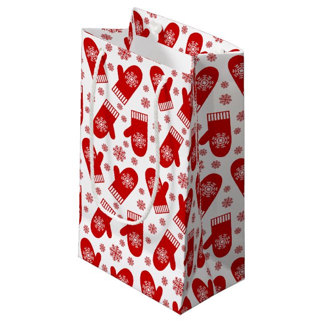 Red Snowflake Mittens Weihnachten Kleine Geschenktüte (Vorderseite Schrägansicht)