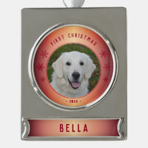 Red Snowflake Puppy Foto Banner-Ornament Silber