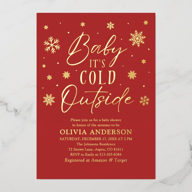 Red Snowflakes Baby Es ist kalt Outside Baby Dusch Folieneinladung (Vorderseite)