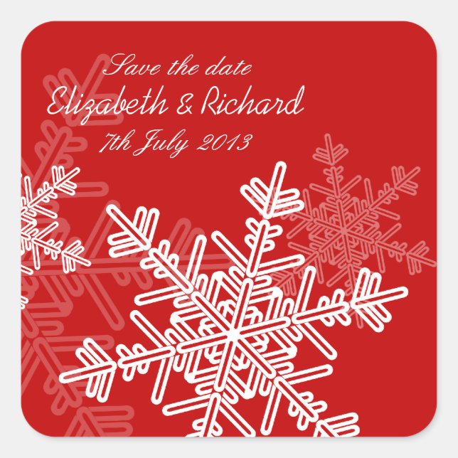 Red Snowflakes Weihnachten Hochzeit Save the Date Quadratischer Aufkleber (Vorderseite)