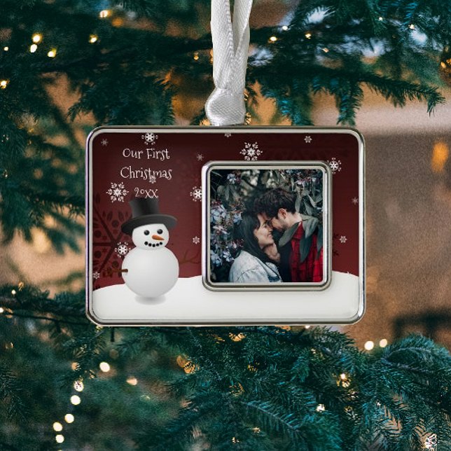 Red Snowman Winter Szene Gerahmt erste Rahmen-Ornament Silber (Red Snowman Winter Scene First Christmas Framed Ornament)
