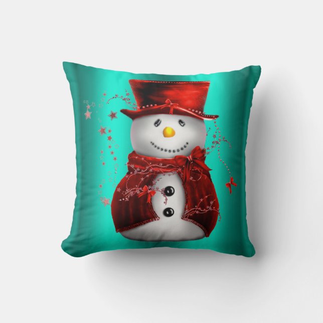 Red Snowman zu Aquamarinen Weihnachten Kissen (Vorderseite)