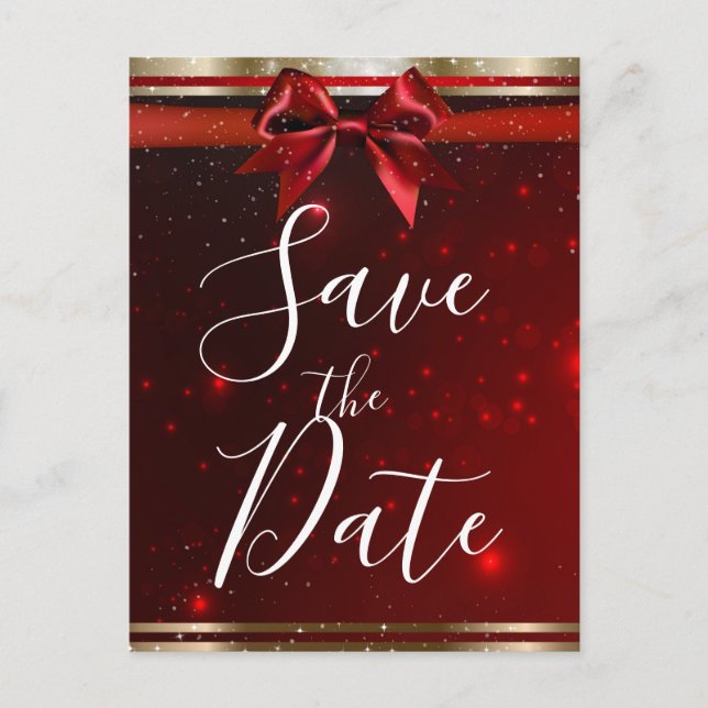 Red Sparkle Chic Bow Elegantes Holiday Save the Da Ankündigungspostkarte (Vorderseite)