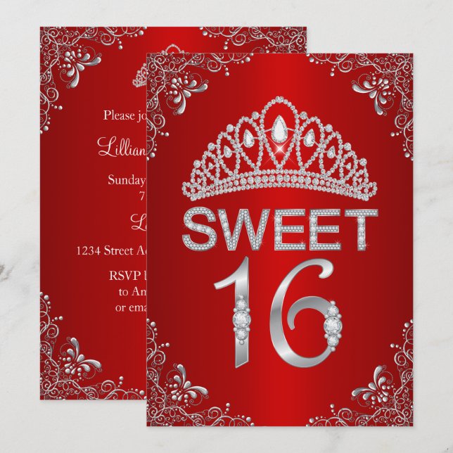Red Sparkle Diamond Tiara Sweet 16 Invitation (Devant / Derrière)