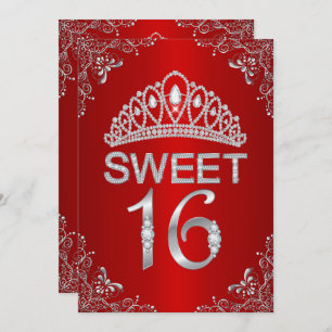 Red Sparkle Diamond Tiara Sweet 16 Invitation