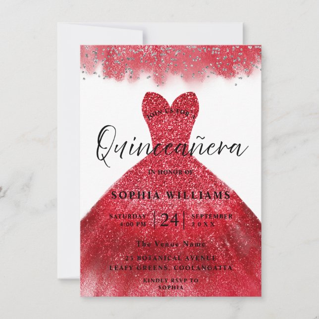 Red Sparkle Dress Quinceanera Party Einladung (Vorderseite)