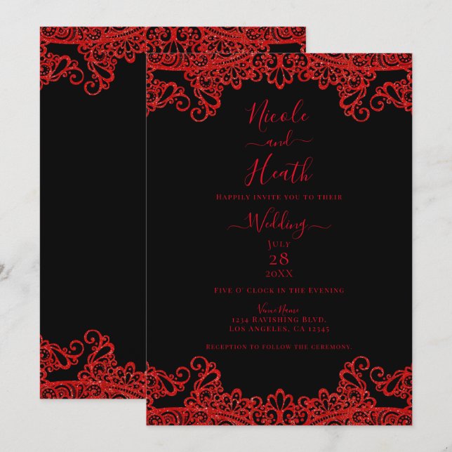 Red Sparkle Glitzer Lace Black Elegante Hochzeit Einladung (Vorne/Hinten)