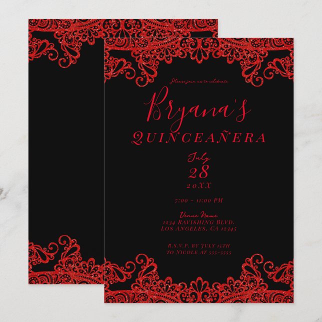 Red Sparkle Glitzer Lace Black Quinceañera Einladung (Vorne/Hinten)