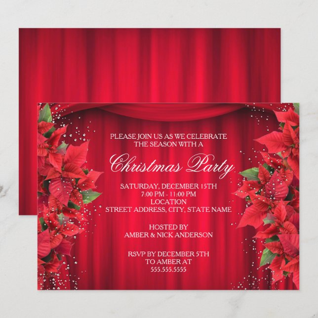 Red Sparkle Holly Floral Invitation de la fête de  (Devant / Derrière)