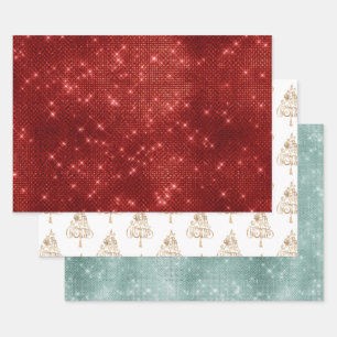 Red Sparkle Merry Christmas Tree Geschenkpapier Set