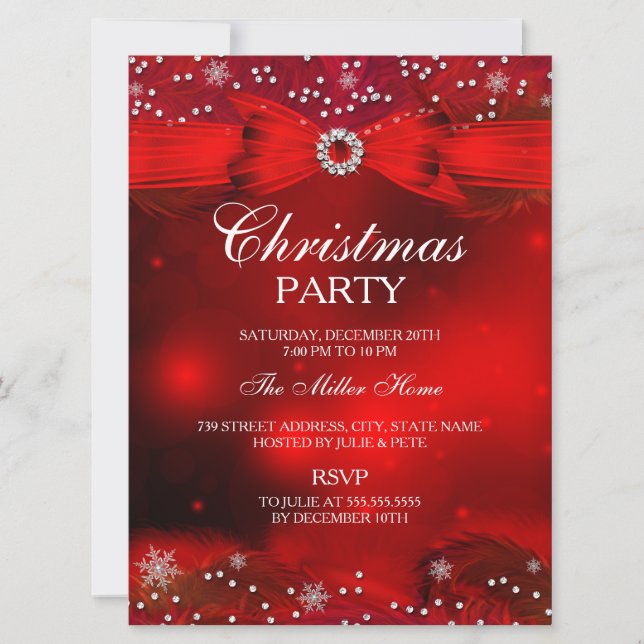 Red Sparkle Snowflake & Bow Weihnachtsfest Party E Einladung (Vorderseite)