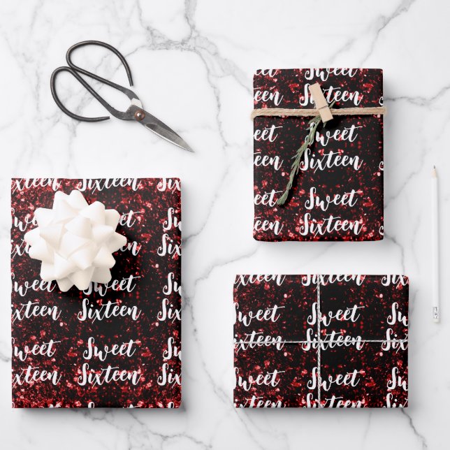 Red sparkles Sweet 16 script pattern Geschenkpapier Set (Vorderseite)