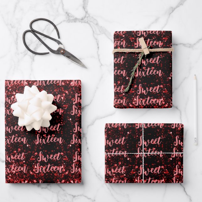 Red sparkles Sweet 16 script pattern Geschenkpapier Set (Vorderseite)