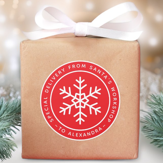 Red Special Delivery from Santa to Name Snowflake Runder Aufkleber (Von Creator hochgeladen)