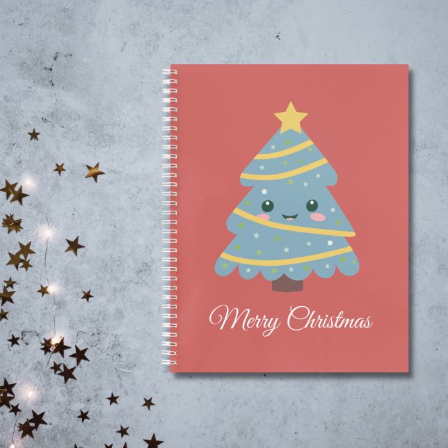 Red Spiral Notebook mit Kawaii Weihnachtsbaum Notizbuch (Red Spiral Notebook with a Kawaii Christmas Tree )