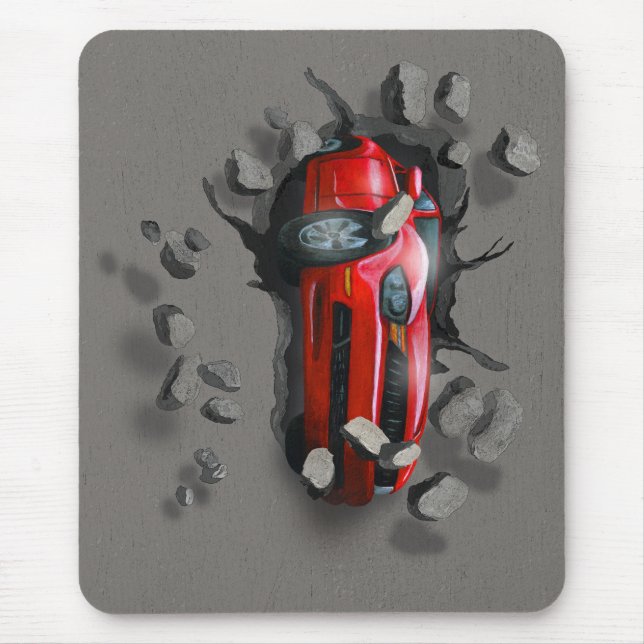 Red Sports Car bricht durch eine Mauer Mousepad (Vorne)