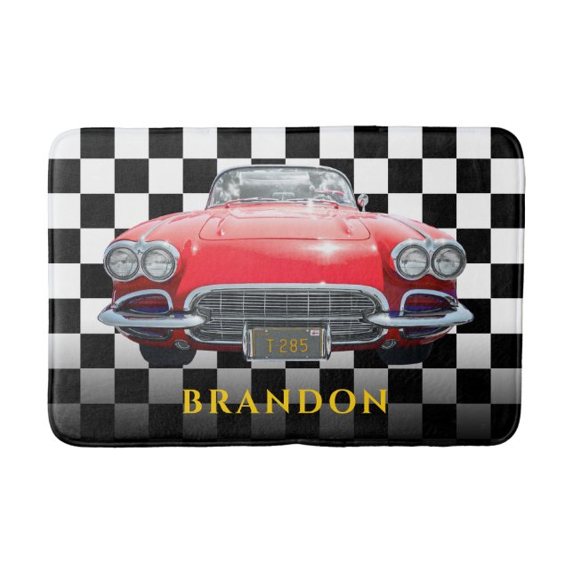 Red Sport's Car, Gold Name, B/W Checkered Badematte (Vorderseite)