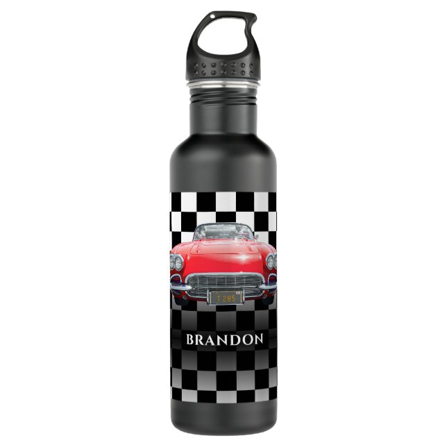 Red Sport's Car, White Name, B/W Checkered Edelstahlflasche (Vorderseite)