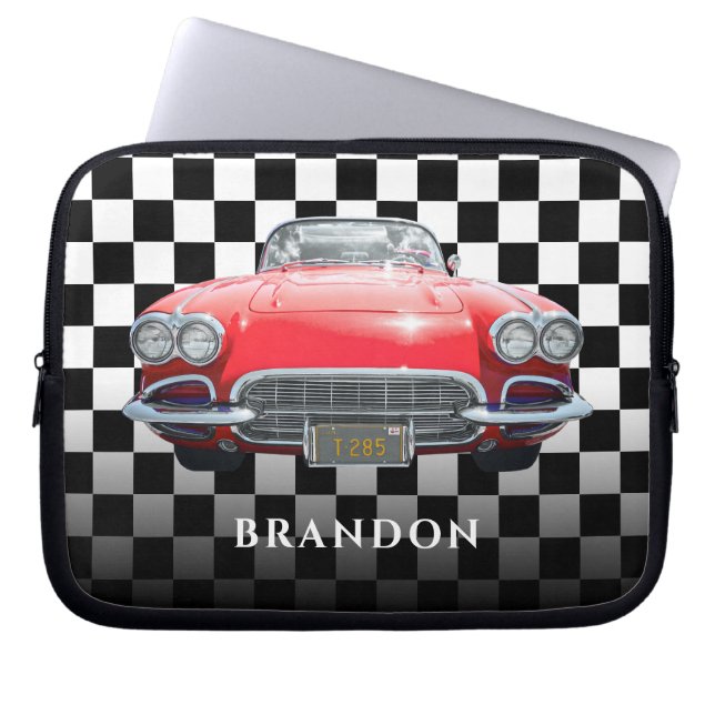 Red Sport's Car, White Name, B/W Checkered Laptopschutzhülle (Vorderseite)