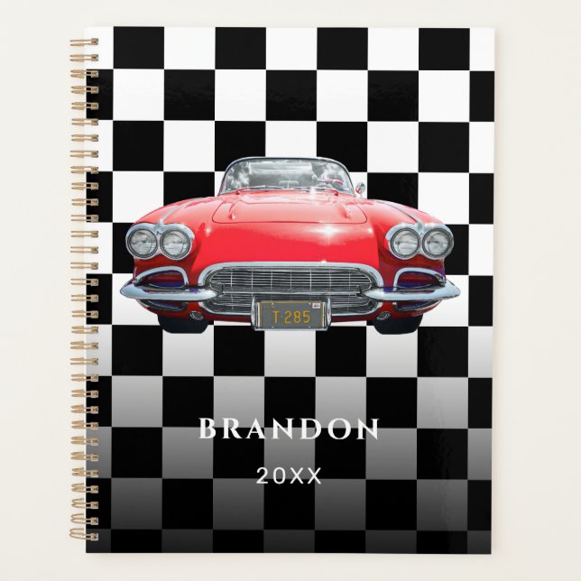 Red Sport's Car, White Name, B/W Checkered Planer (Vorderseite)