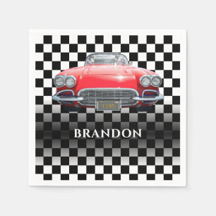 Red Sport's Car, White Name, B/W Checkered Serviette