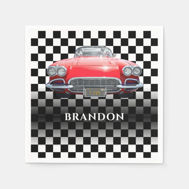 Red Sport's Car, White Name, B/W Checkered Serviette (Vorderseite)