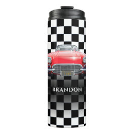 Red Sport's Car, White Name, B/W Checkered Thermosbecher