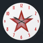 Red Star 'numbers' clock round white Große Wanduhr<br><div class="desc">Modern design with a "shining" red and white star on a white background. Wall clock with a customizable design for you to personalise with your own text, images and ideas. Please note that this is a printed image created using original photographs and digital techniques, it does not shine or contain...</div>