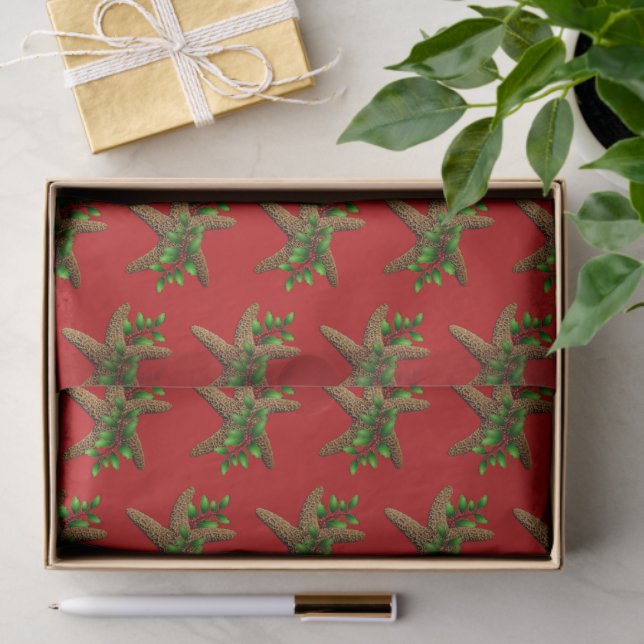 Red Starfish in Holly Pattern Weihnachten Seidenpapier (Geschenk)