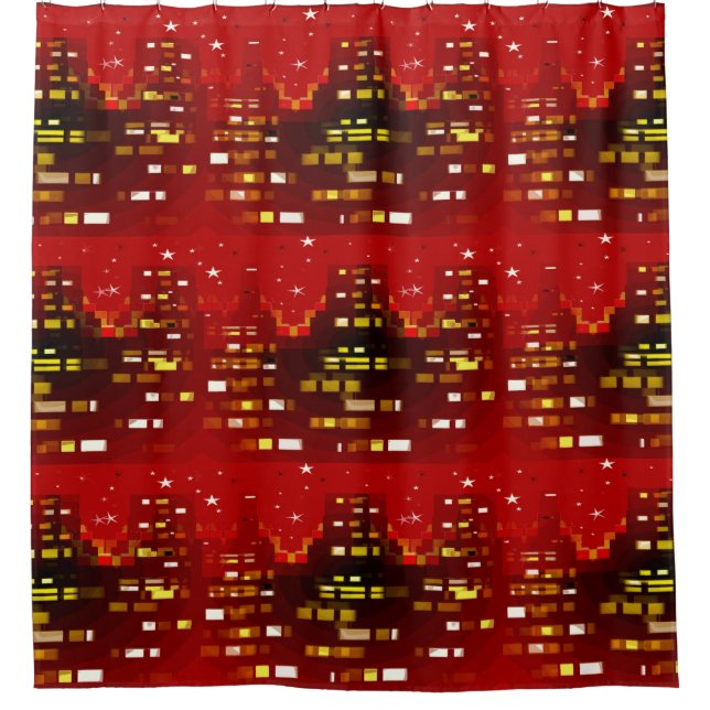 Red Starry Night City Skyline Abstraktes Muster Duschvorhang (Vorderseite)