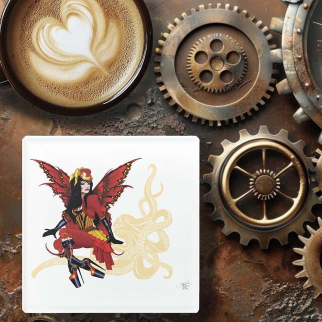 Red Steampunk Fairy Octopus Glasuntersetzer (Von Creator hochgeladen)