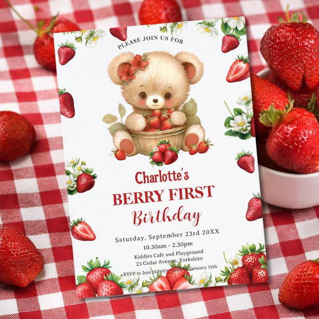 Red Strawberries Bear Berry Erster Geburtstag Einladung (Von Creator hochgeladen)