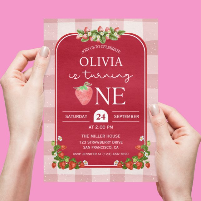 Red Strawberry 1st Birthday Girl Party Einladung (Red Strawberry 1st birthday invitation)
