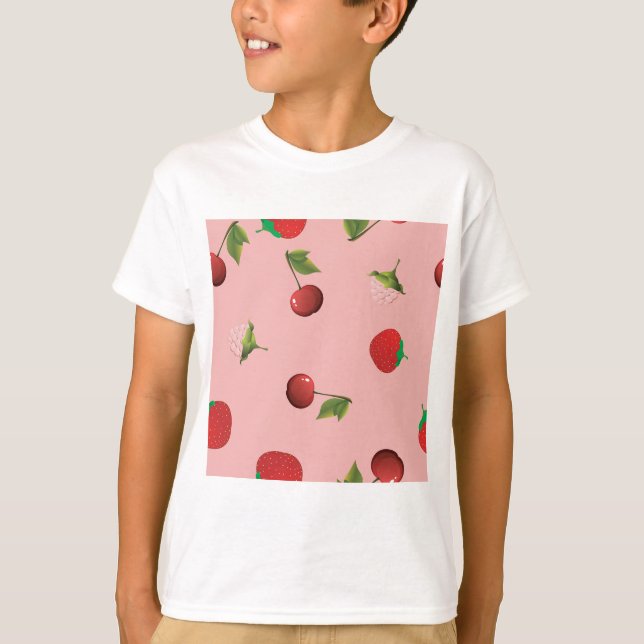 Red Strawberry and Cherry Pattern Pink Fruit T-Shirt (Vorderseite)