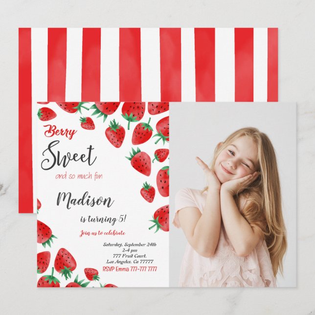 Red Strawberry Anniversaire Photo Invitation (Devant / Derrière)