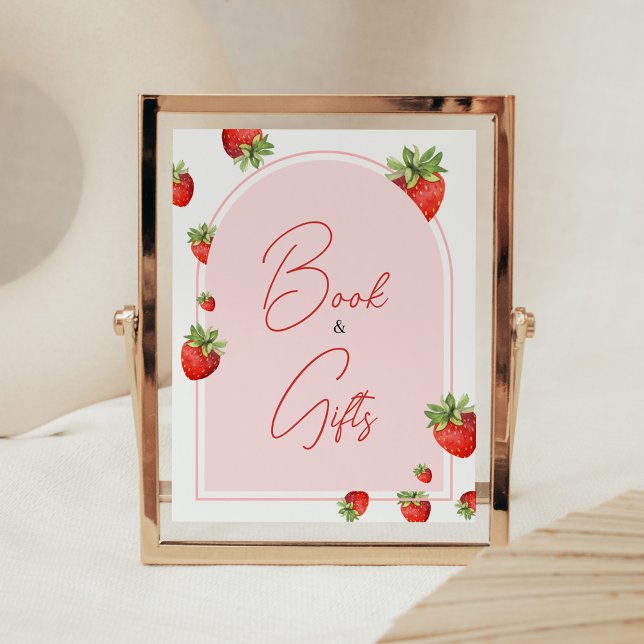 Red Strawberry Baby Duschbücher und Geschenke Poster (Boho Berry Sweet Baby Shower Books and Gifts Sign)