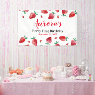Red Strawberry Berry First Birthday Banner
