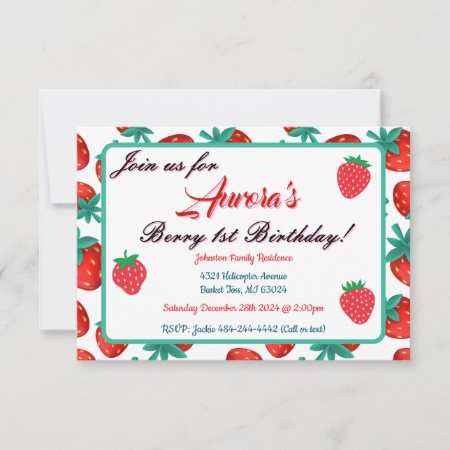 Red Strawberry Berry First Birthday Party Einladung (Vorderseite)