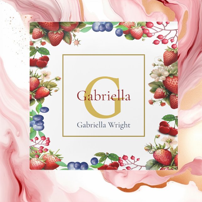 Red Strawberry Blue Berry Modern Gold Monogram Glasuntersetzer (Red Strawberry Blue Berry Modern Gold Monogram Glass Coaster)