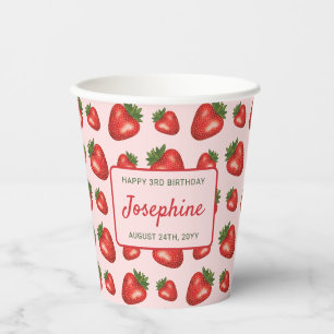 Red Strawberry Muster auf rosa Happy Birthday Pappbecher
