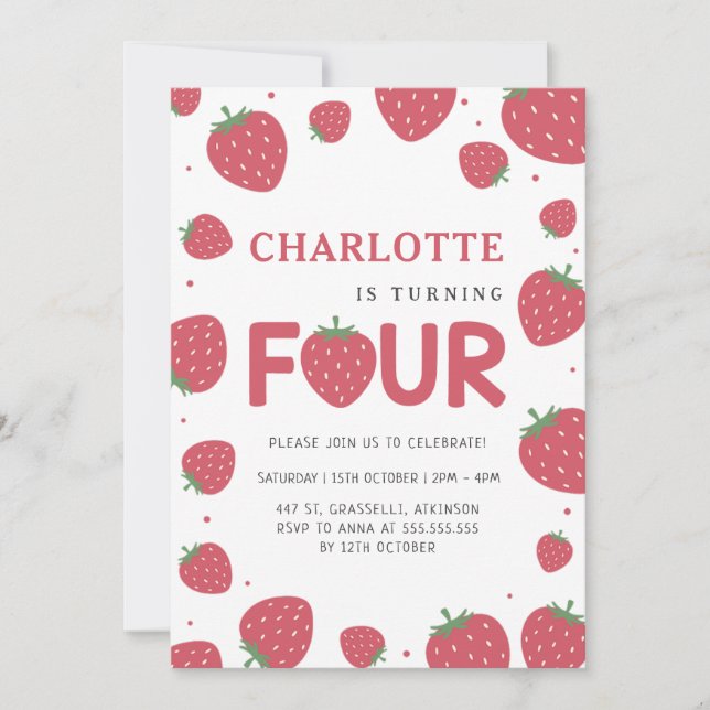 Red Strawberry Pattern 4. Sommer Geburtstag Einladung (Vorderseite)