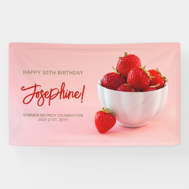 Red Strawberry Photo Summer Brunch Birthday Party Banner (Horizontal)