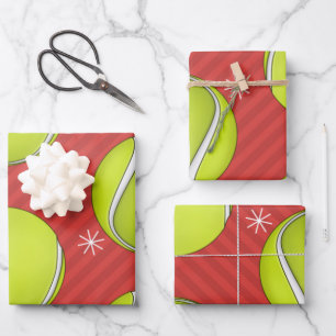 Red Strip Tennis Weihnachtsbälle & Schneeflocken Geschenkpapier Set